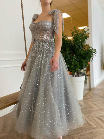 Woochic mi-longue robe trapèze brillante paillette avec noeud papillon élégant cocktail Gris S